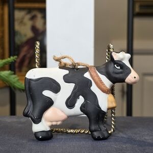 Vintage Ceramic Holstein Cow Ornament Figurine with Bell & Rope, 3.25" Farmhouse